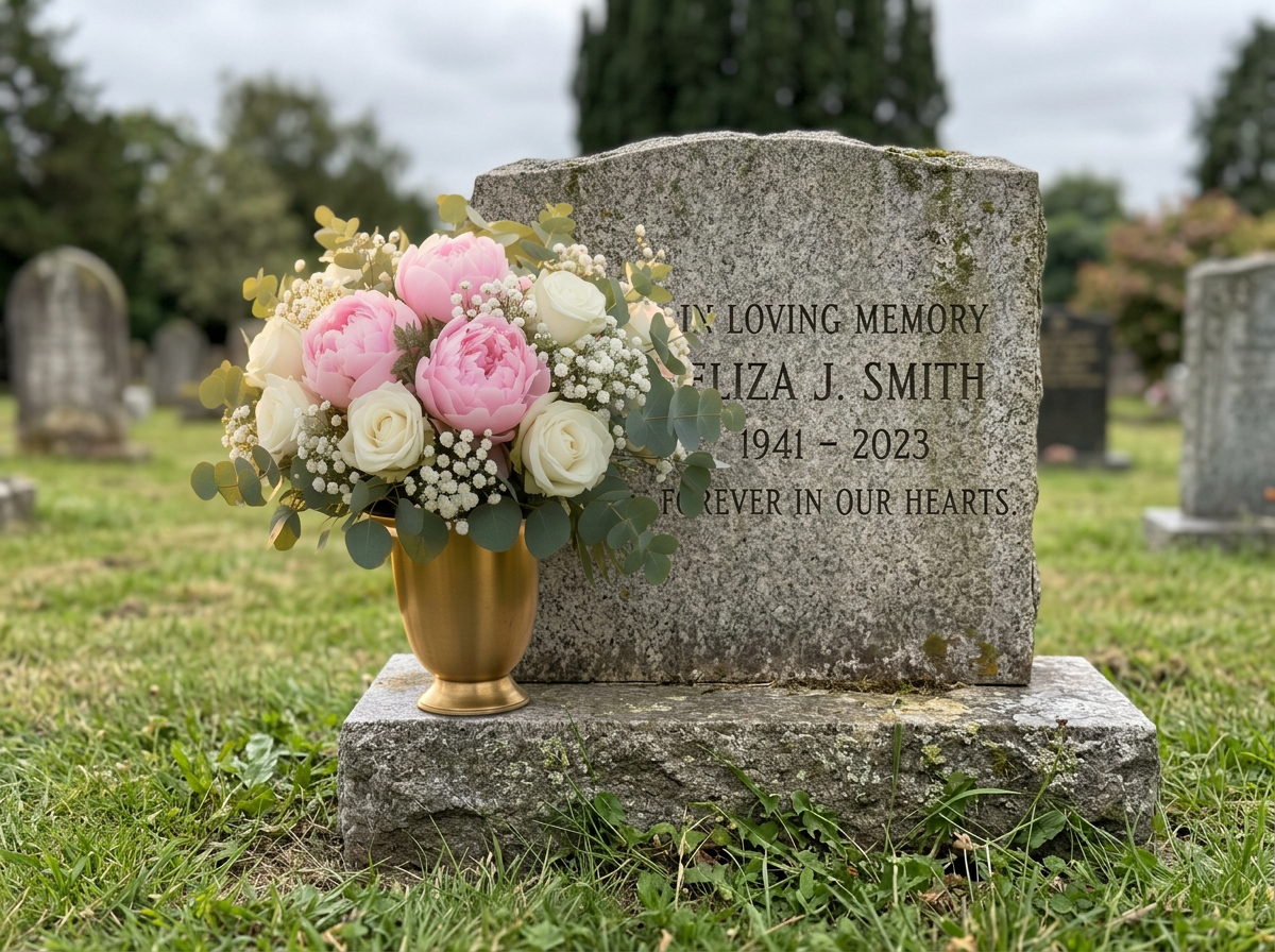 A lush brass-vase bouquet of pink peonies, white roses, baby's breath, and eucalyptus placed at a polished granite headstone at golden hour